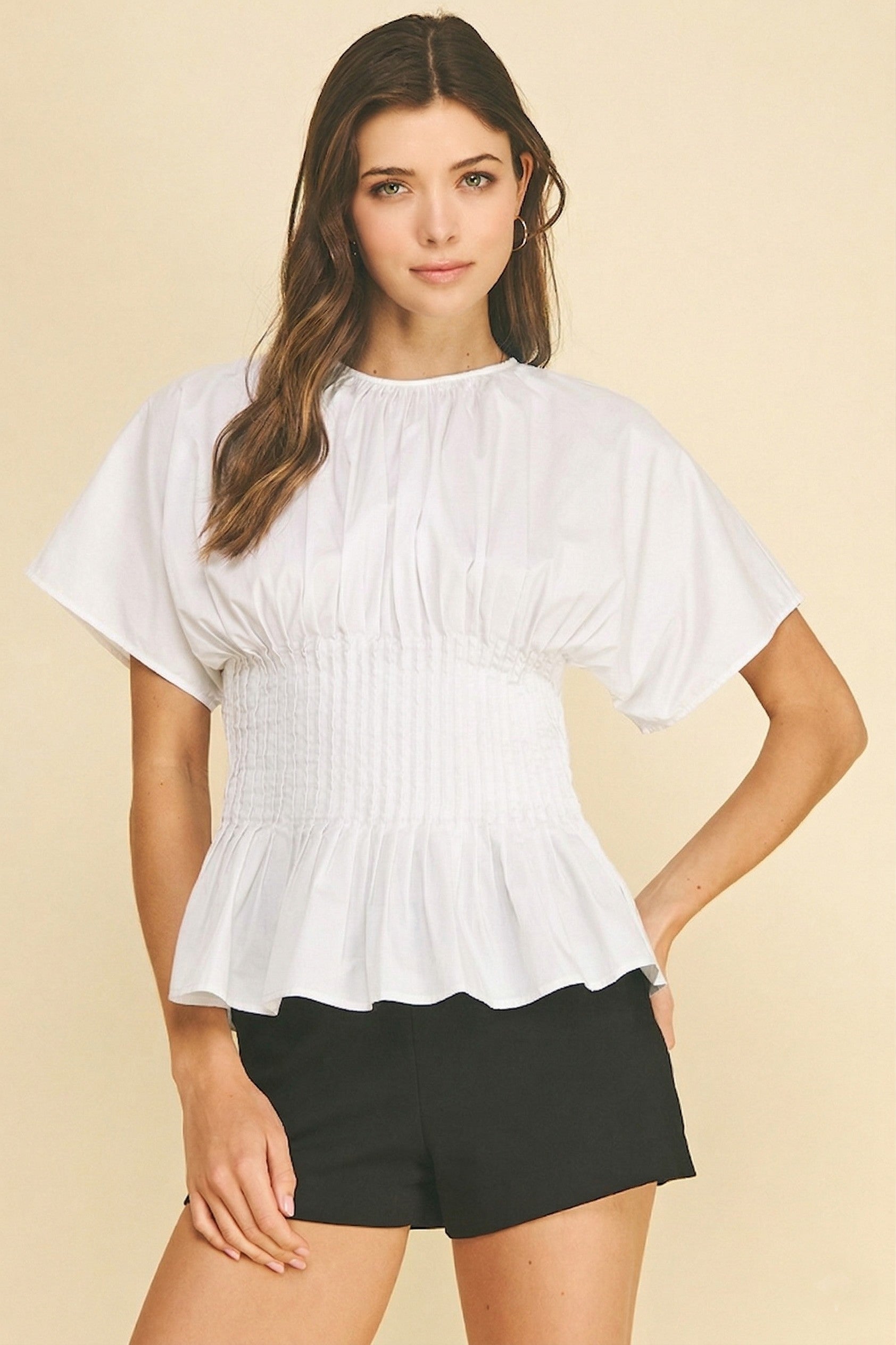 White Pleated Waist Peplum Top
