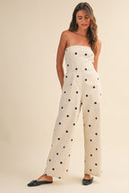 Polkadot Stretch Twill Strapless Wide Leg Jumpsuit