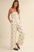Polkadot Stretch Twill Strapless Wide Leg Jumpsuit