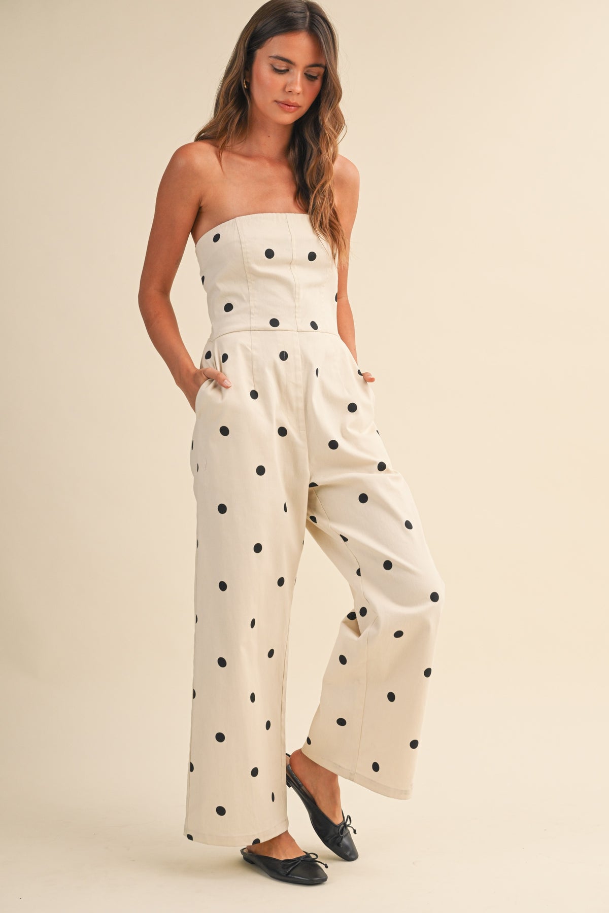 Polkadot Stretch Twill Strapless Wide Leg Jumpsuit
