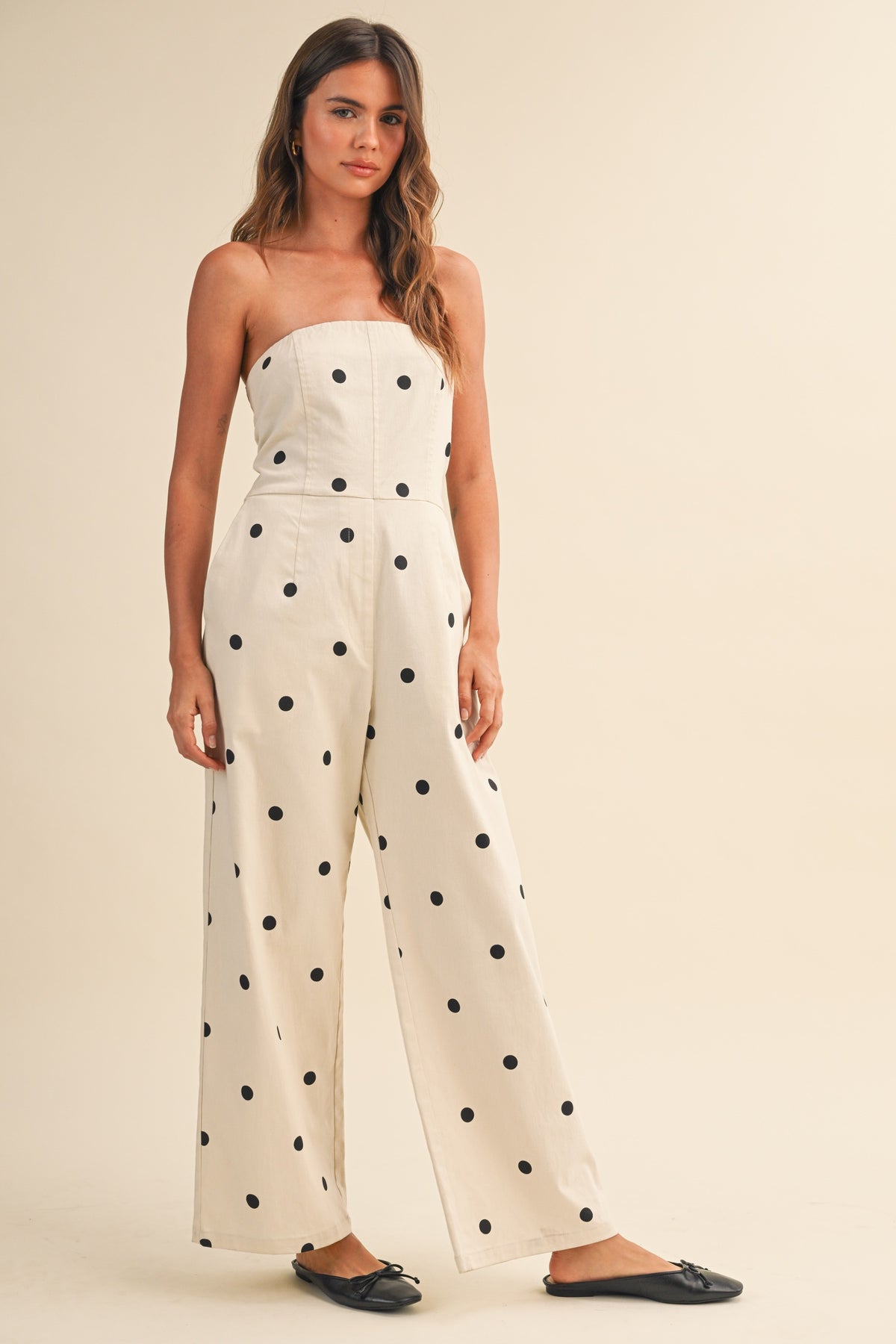 Polkadot Stretch Twill Strapless Wide Leg Jumpsuit