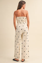 Polkadot Stretch Twill Strapless Wide Leg Jumpsuit