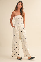 Polkadot Stretch Twill Strapless Wide Leg Jumpsuit