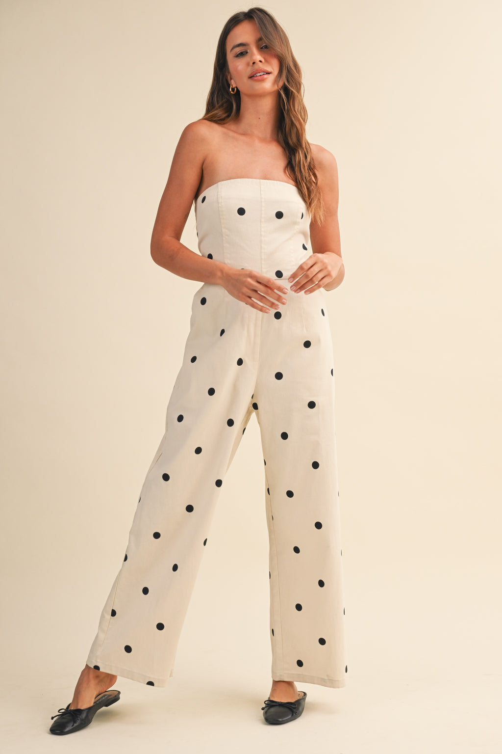 Polkadot Stretch Twill Strapless Wide Leg Jumpsuit