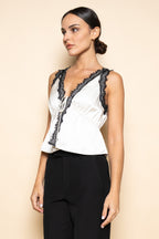 Ivory Contrast Lace Tie Front Tank Top