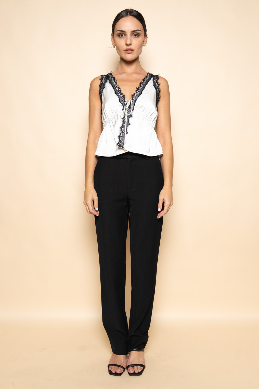 Ivory Contrast Lace Tie Front Tank Top