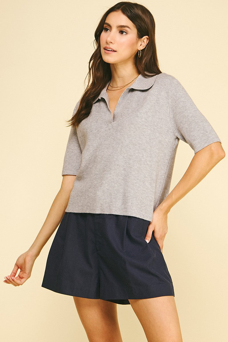 Ribbed Short Sleeve Polo Sweater (Heather Grey)