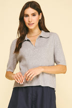 Ribbed Short Sleeve Polo Sweater (Heather Grey)