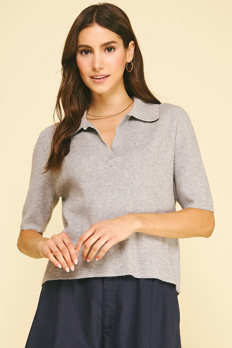 Ribbed Short Sleeve Polo Sweater (Heather Grey)