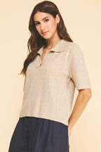 Ribbed Short Sleeve Polo Sweater (Oatmeal)