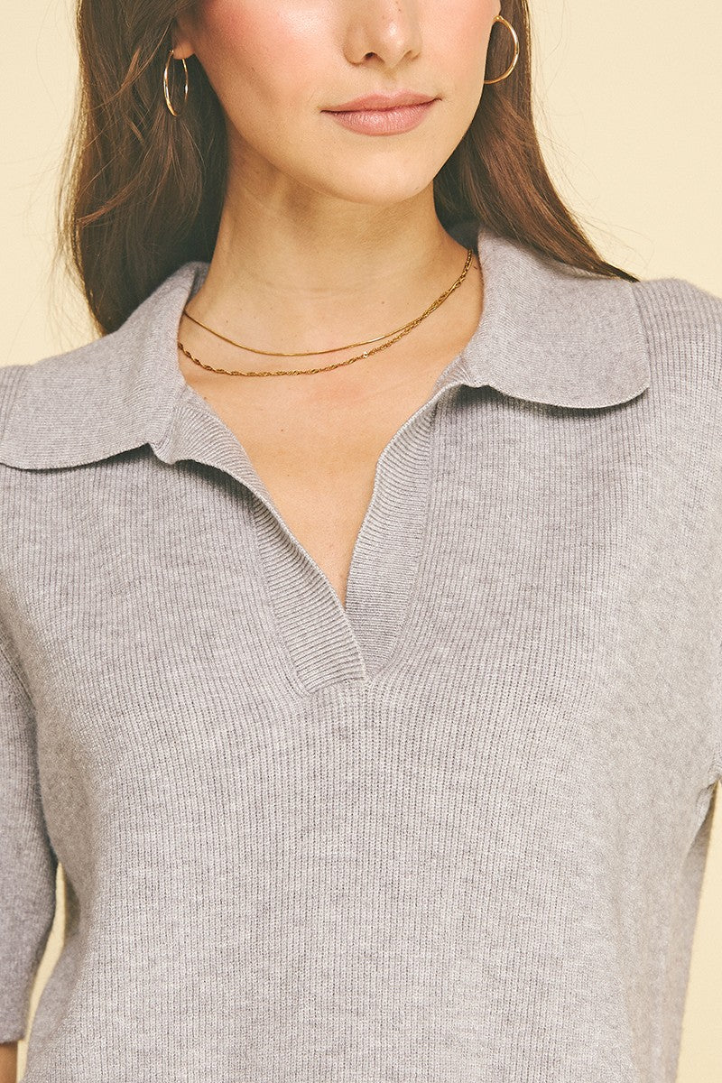 Ribbed Short Sleeve Polo Sweater (Heather Grey)