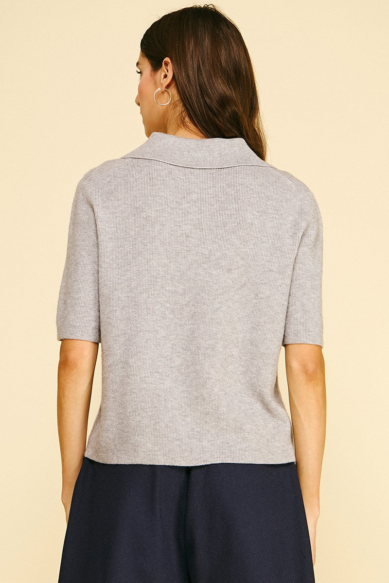 Ribbed Short Sleeve Polo Sweater (Heather Grey)