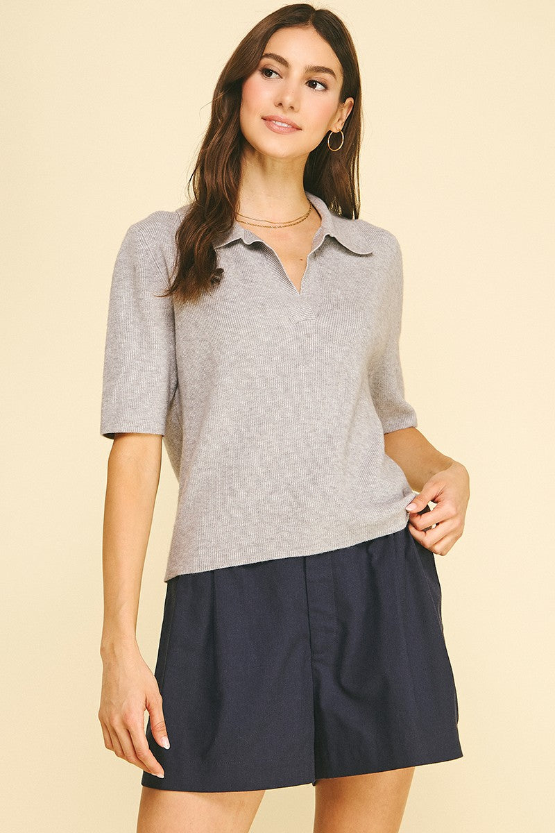 Ribbed Short Sleeve Polo Sweater (Heather Grey)