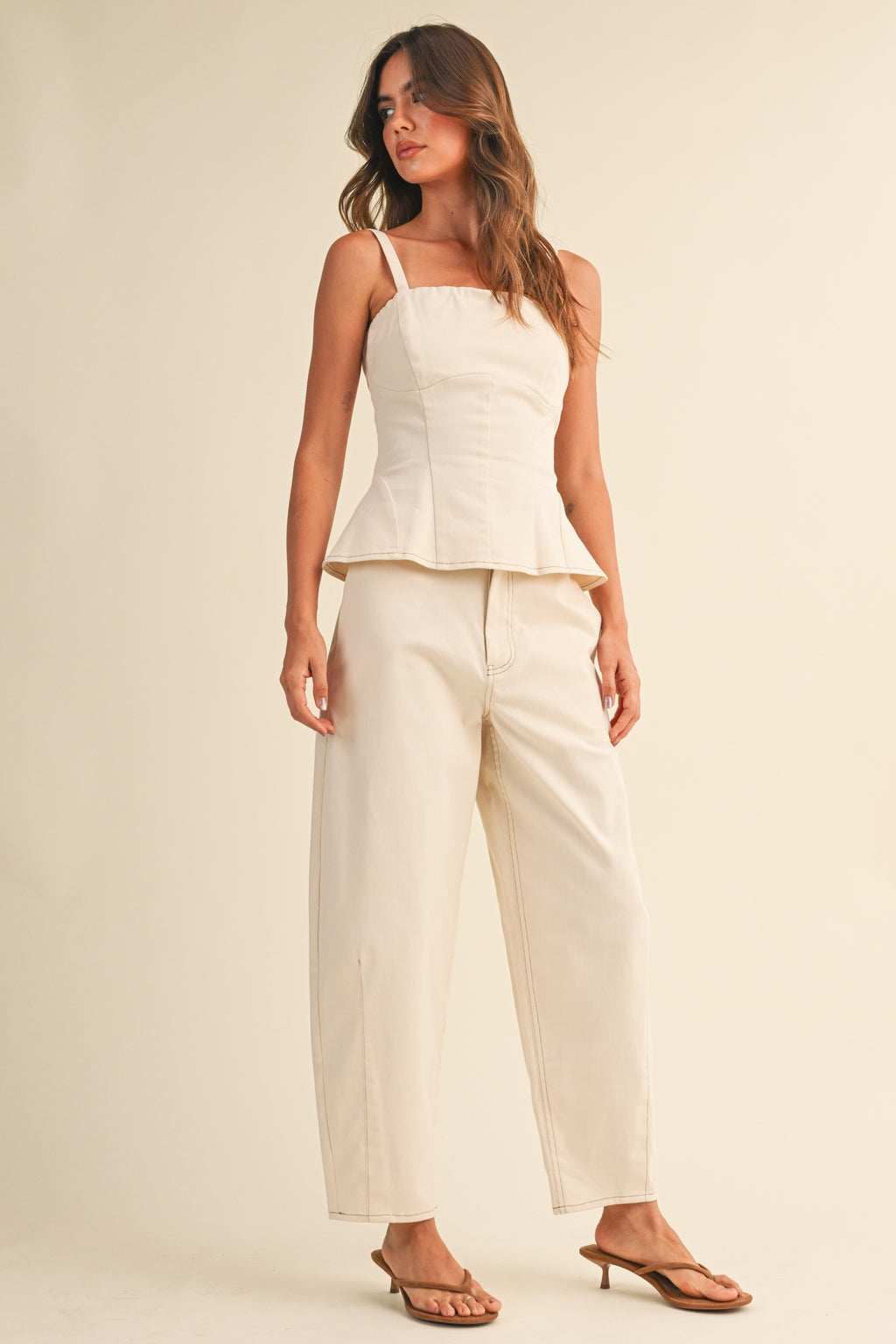 Stretch Twill Structured Peplum Top And Barrel Pants (Cream)
