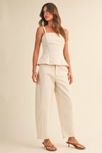 Stretch Twill Structured Peplum Top And Barrel Pants (Cream)