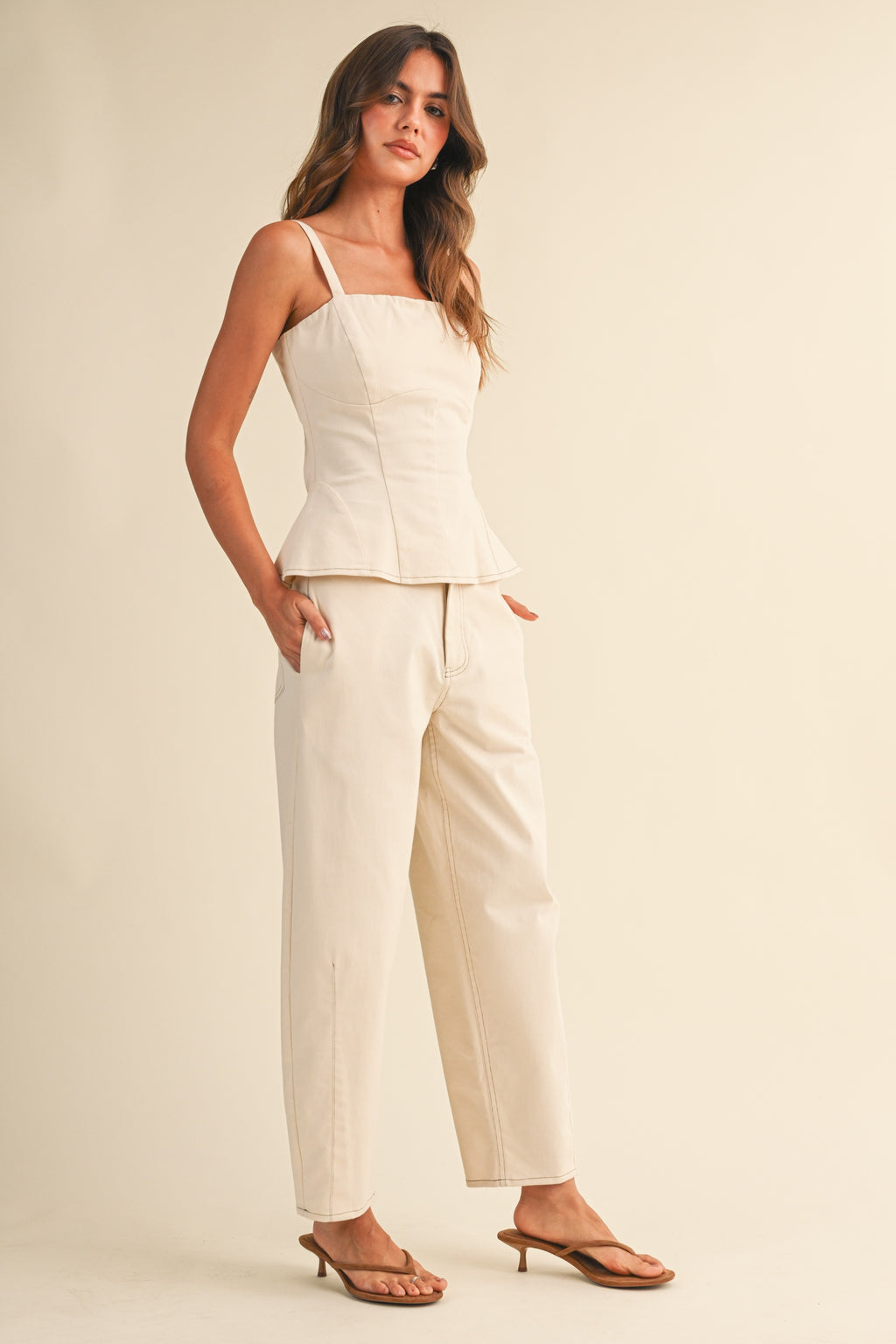 Stretch Twill Structured Peplum Top And Barrel Pants (Cream)