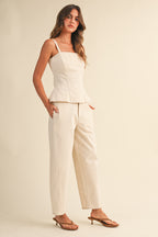 Stretch Twill Structured Peplum Top And Barrel Pants (Cream)