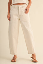 Stretch Twill Structured Peplum Top And Barrel Pants (Cream)