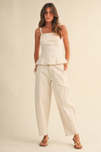 Stretch Twill Structured Peplum Top And Barrel Pants (Cream)