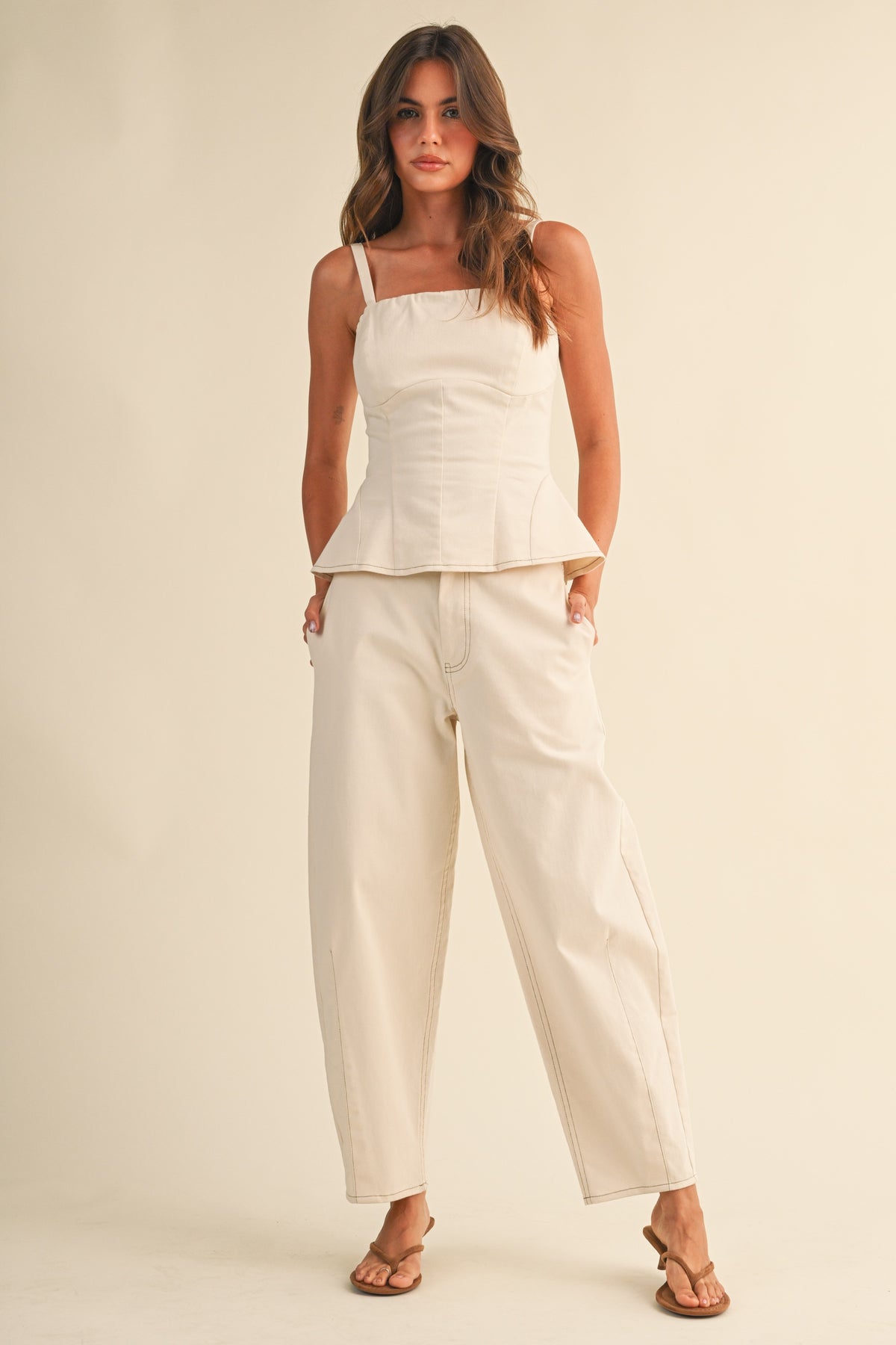 Stretch Twill Structured Peplum Top And Barrel Pants (Cream)