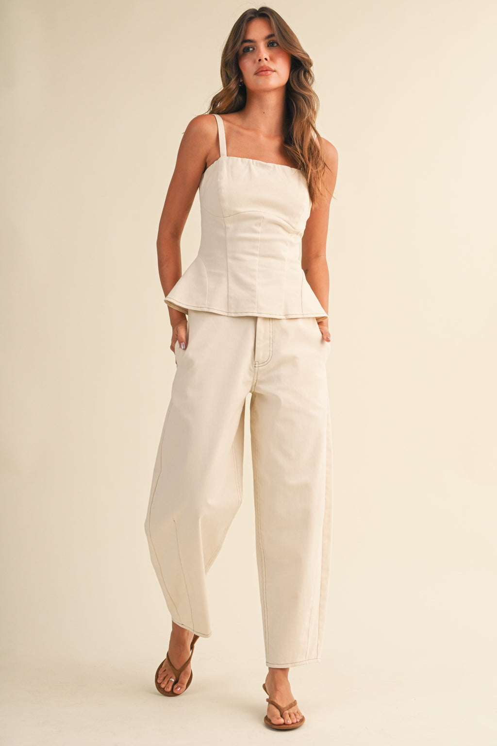 Stretch Twill Structured Peplum Top And Barrel Pants (Cream)