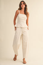 Stretch Twill Structured Peplum Top And Barrel Pants (Cream)