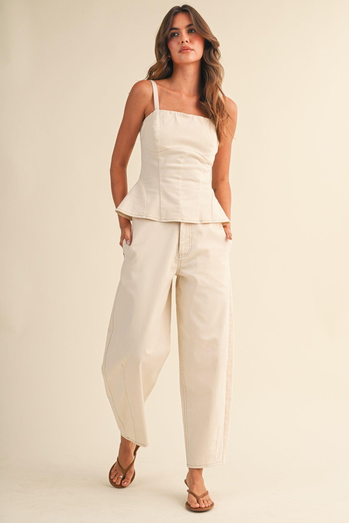 Stretch Twill Structured Peplum Top And Barrel Pants (Cream)