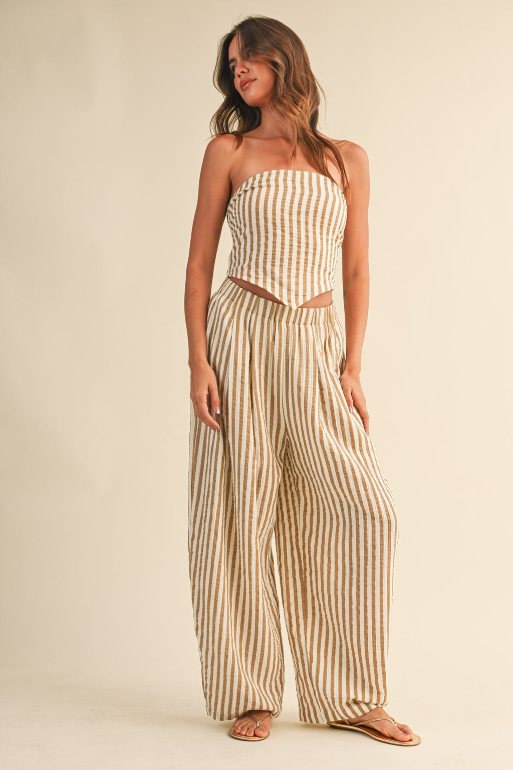 Klesis Striped Smocked Back Tie Handkercheif Top And Barrel Pants
