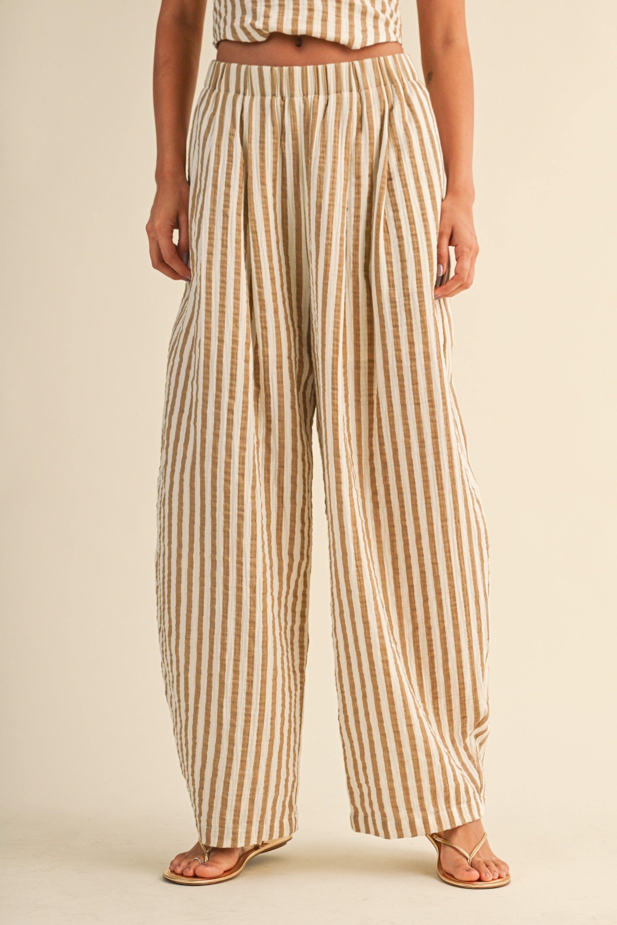 Klesis Striped Smocked Back Tie Handkercheif Top And Barrel Pants