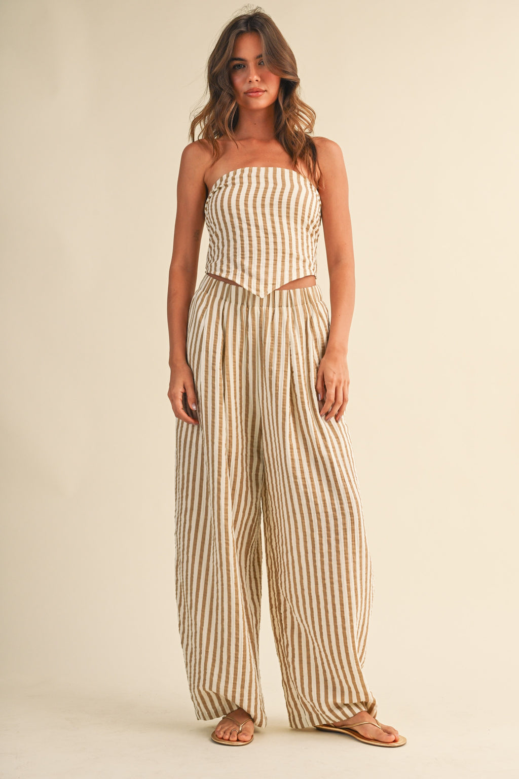 Klesis Striped Smocked Back Tie Handkercheif Top And Barrel Pants