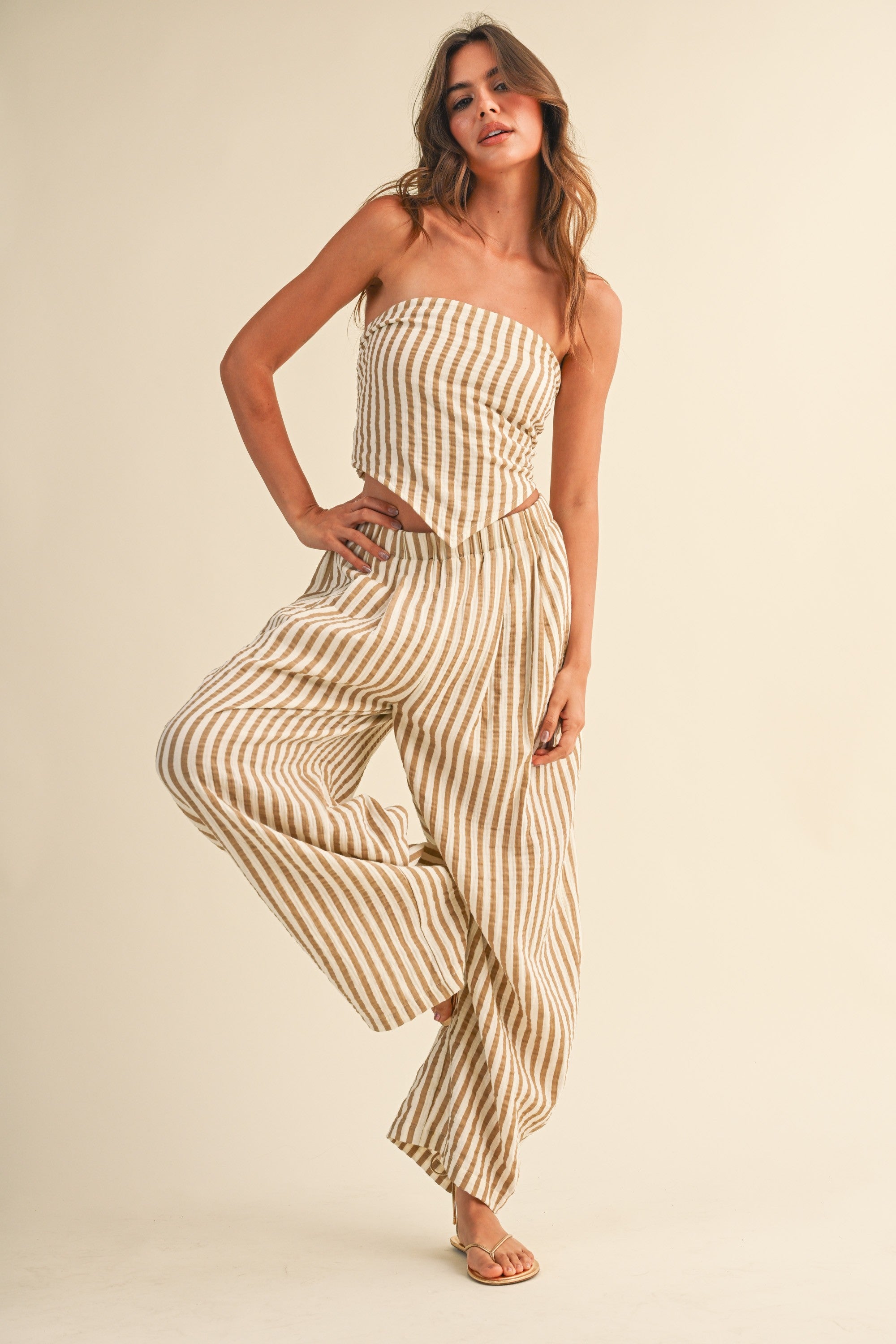 Klesis Striped Smocked Back Tie Handkercheif Top And Barrel Pants