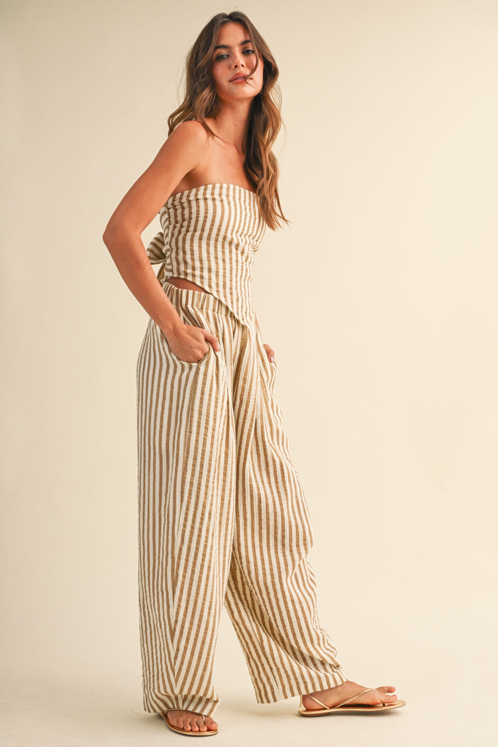 Klesis Striped Smocked Back Tie Handkercheif Top And Barrel Pants