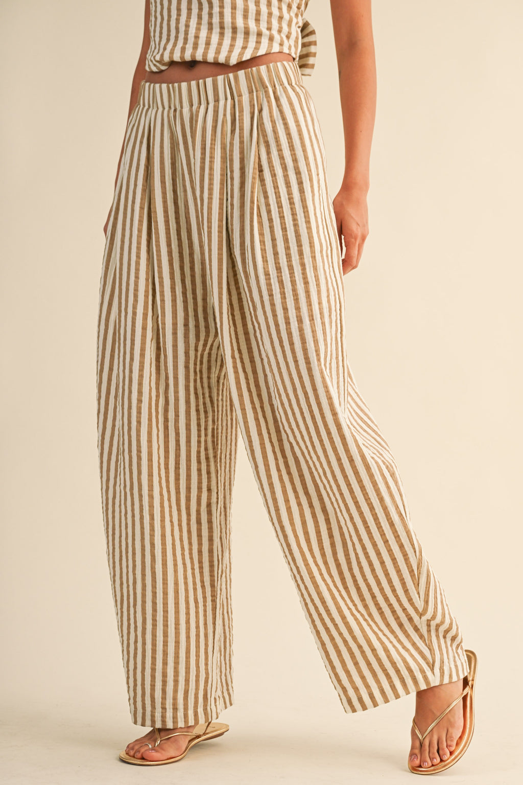 Klesis Striped Smocked Back Tie Handkercheif Top And Barrel Pants