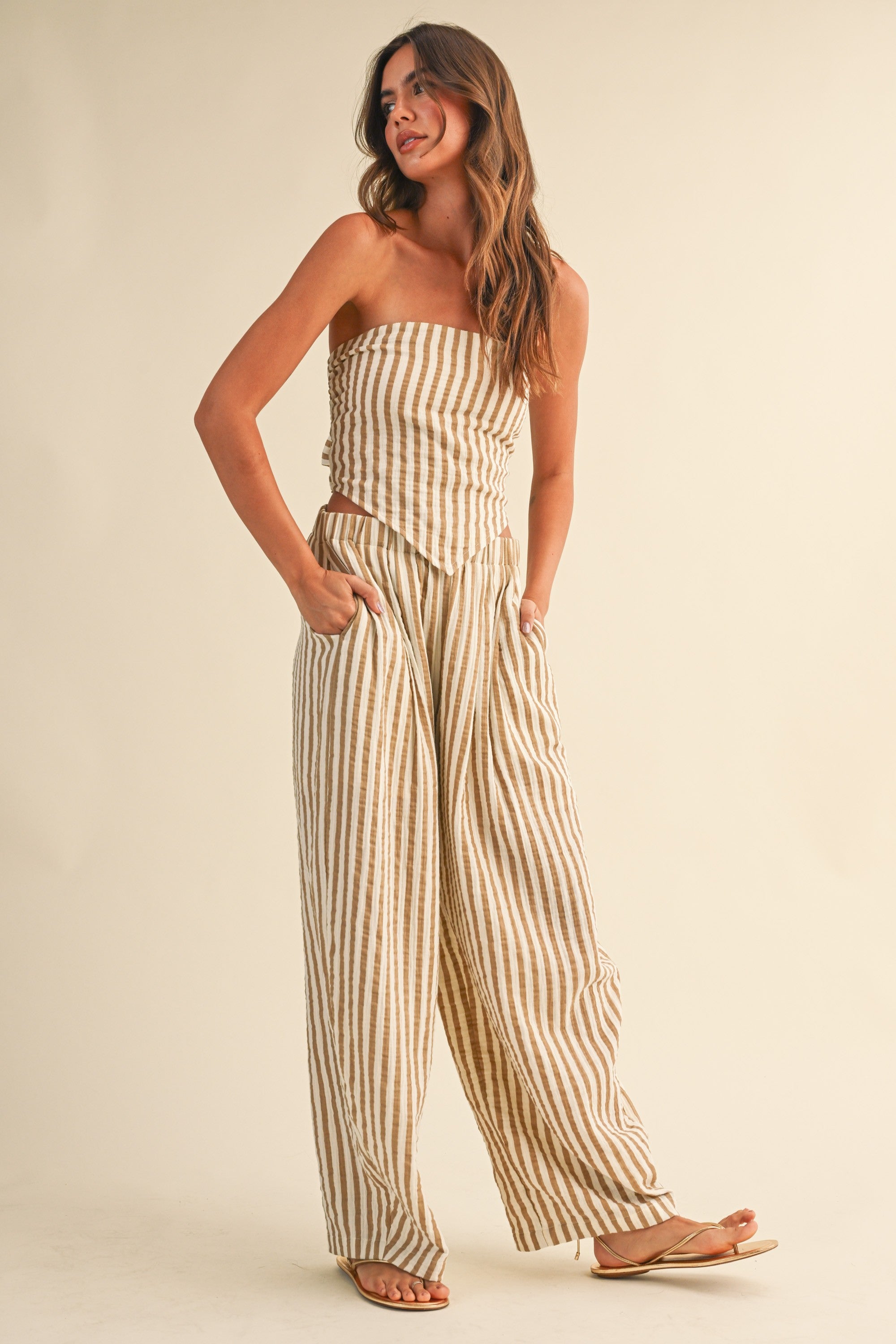 Klesis Striped Smocked Back Tie Handkercheif Top And Barrel Pants
