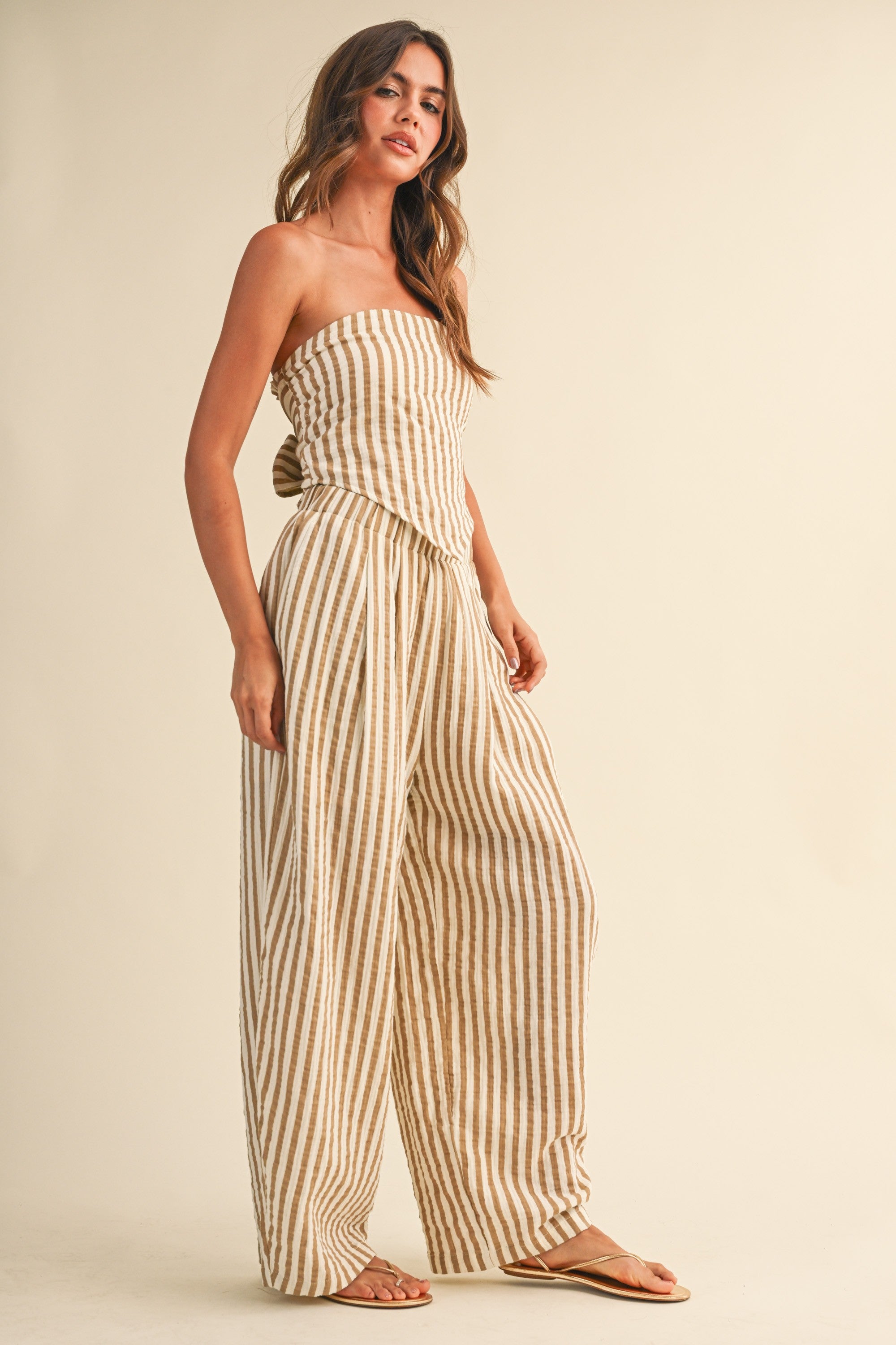 Klesis Striped Smocked Back Tie Handkercheif Top And Barrel Pants