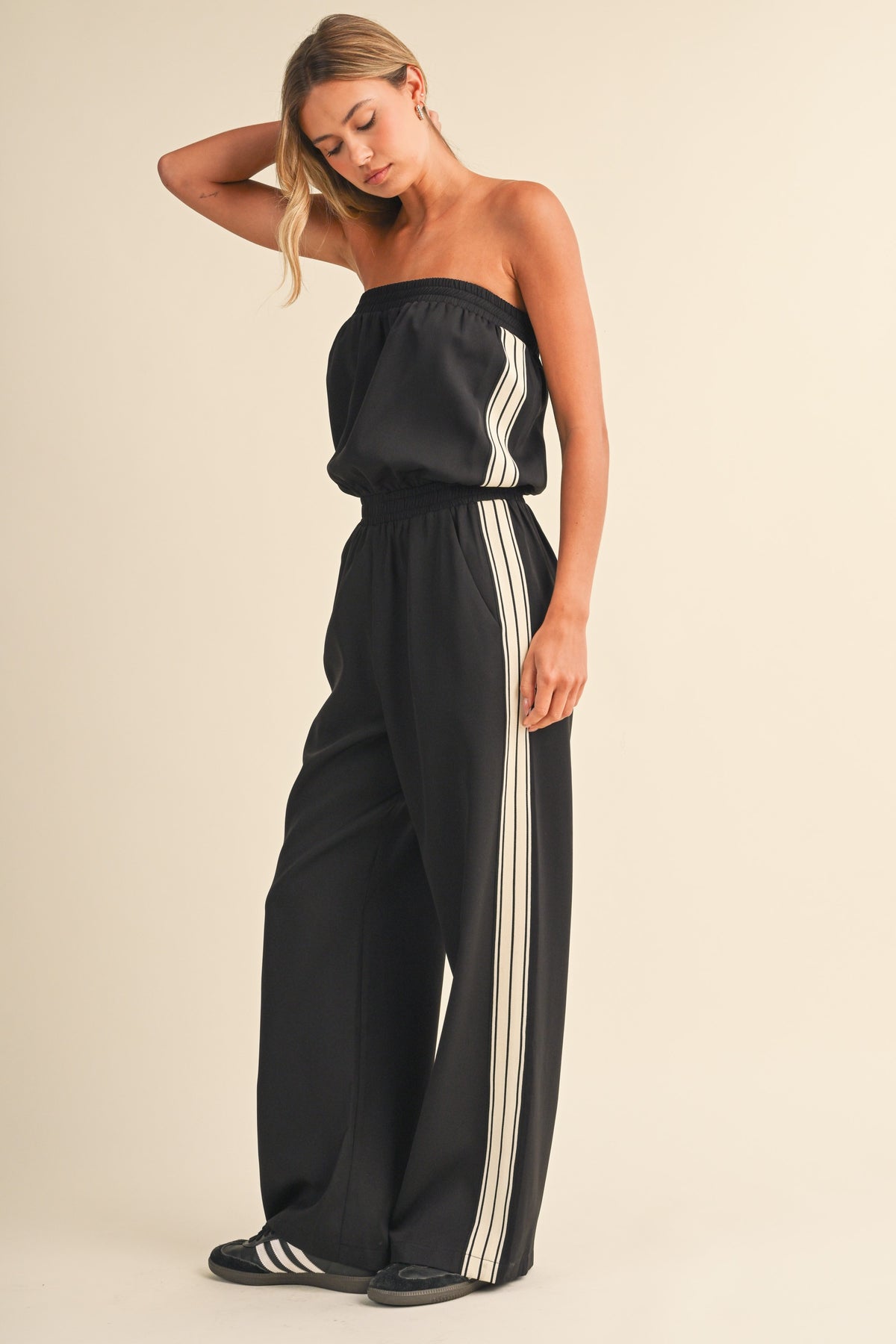 Strapless Stripe Trim Jumpsuit
