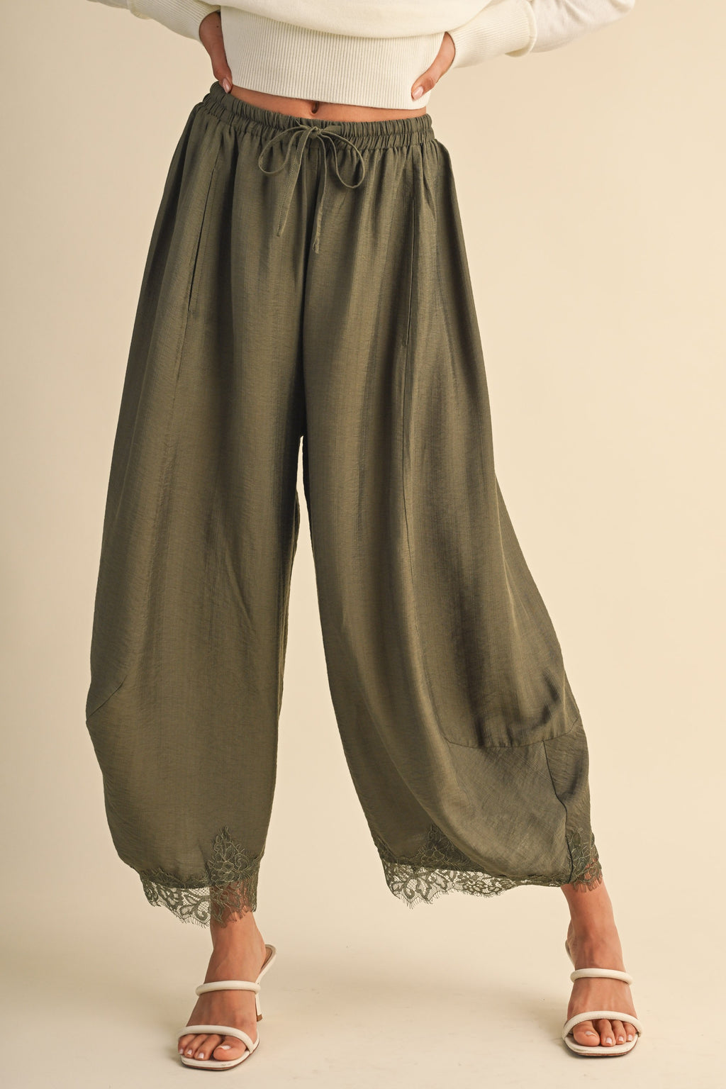 Barrel Fit Pants With Lace Trim On The Bottom Hem (Olive)