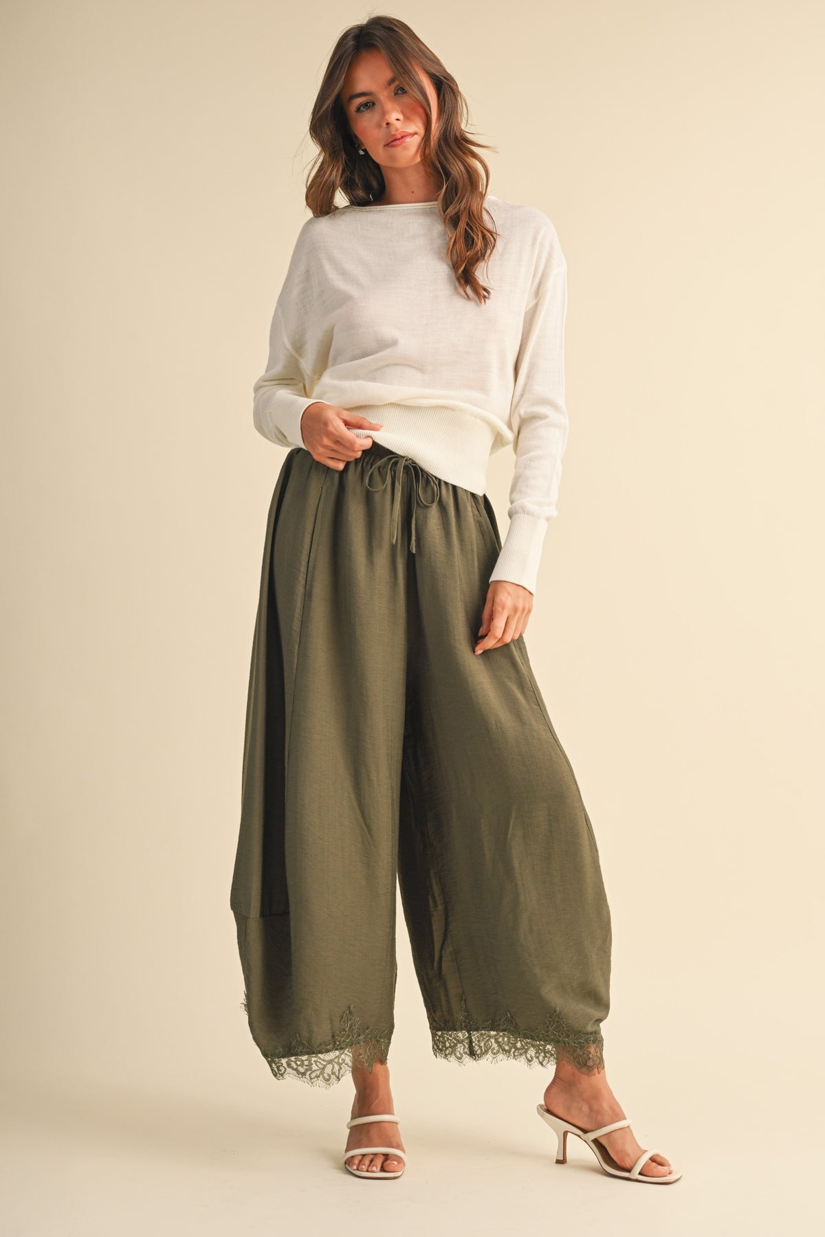 Barrel Fit Pants With Lace Trim On The Bottom Hem (Olive)