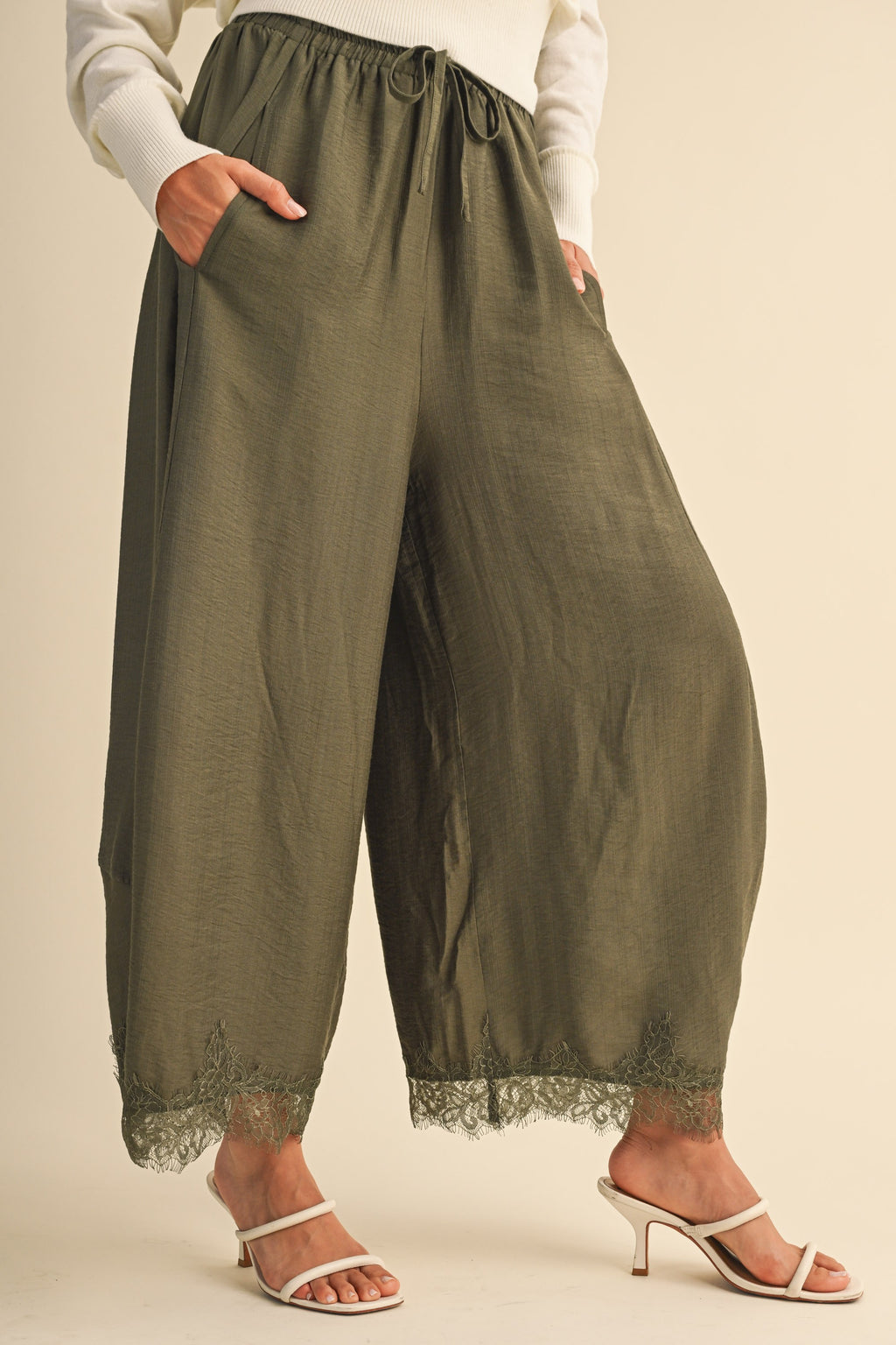 Barrel Fit Pants With Lace Trim On The Bottom Hem (Olive)