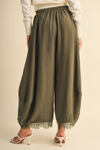 Barrel Fit Pants With Lace Trim On The Bottom Hem (Olive)