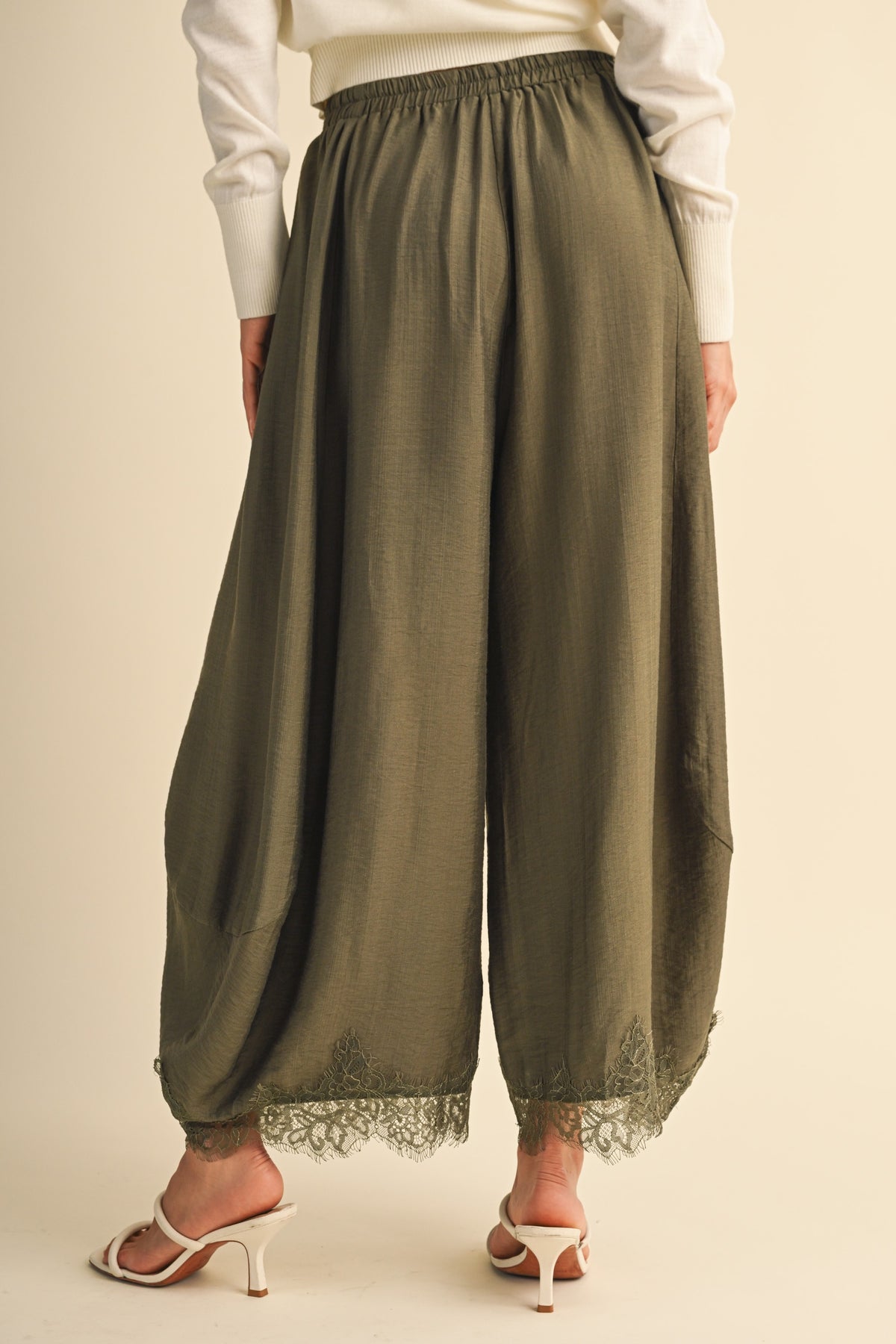 Barrel Fit Pants With Lace Trim On The Bottom Hem (Olive)
