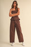 Stretch Twill Structured Peplum Top And Barrel Pants (Brown)