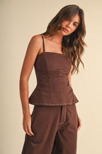 Stretch Twill Structured Peplum Top And Barrel Pants (Brown)