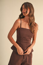 Stretch Twill Structured Peplum Top And Barrel Pants (Brown)