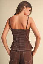Stretch Twill Structured Peplum Top And Barrel Pants (Brown)