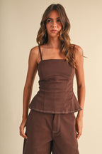 Stretch Twill Structured Peplum Top And Barrel Pants (Brown)