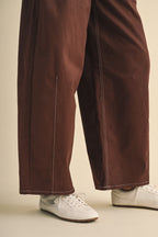 Stretch Twill Structured Peplum Top And Barrel Pants (Brown)