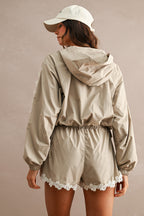 Hood Half Zip Up Lace Trim Windbreaker Jacket And Shorts Set