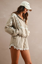 Hood Half Zip Up Lace Trim Windbreaker Jacket And Shorts Set