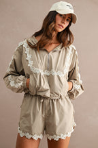 Hood Half Zip Up Lace Trim Windbreaker Jacket And Shorts Set